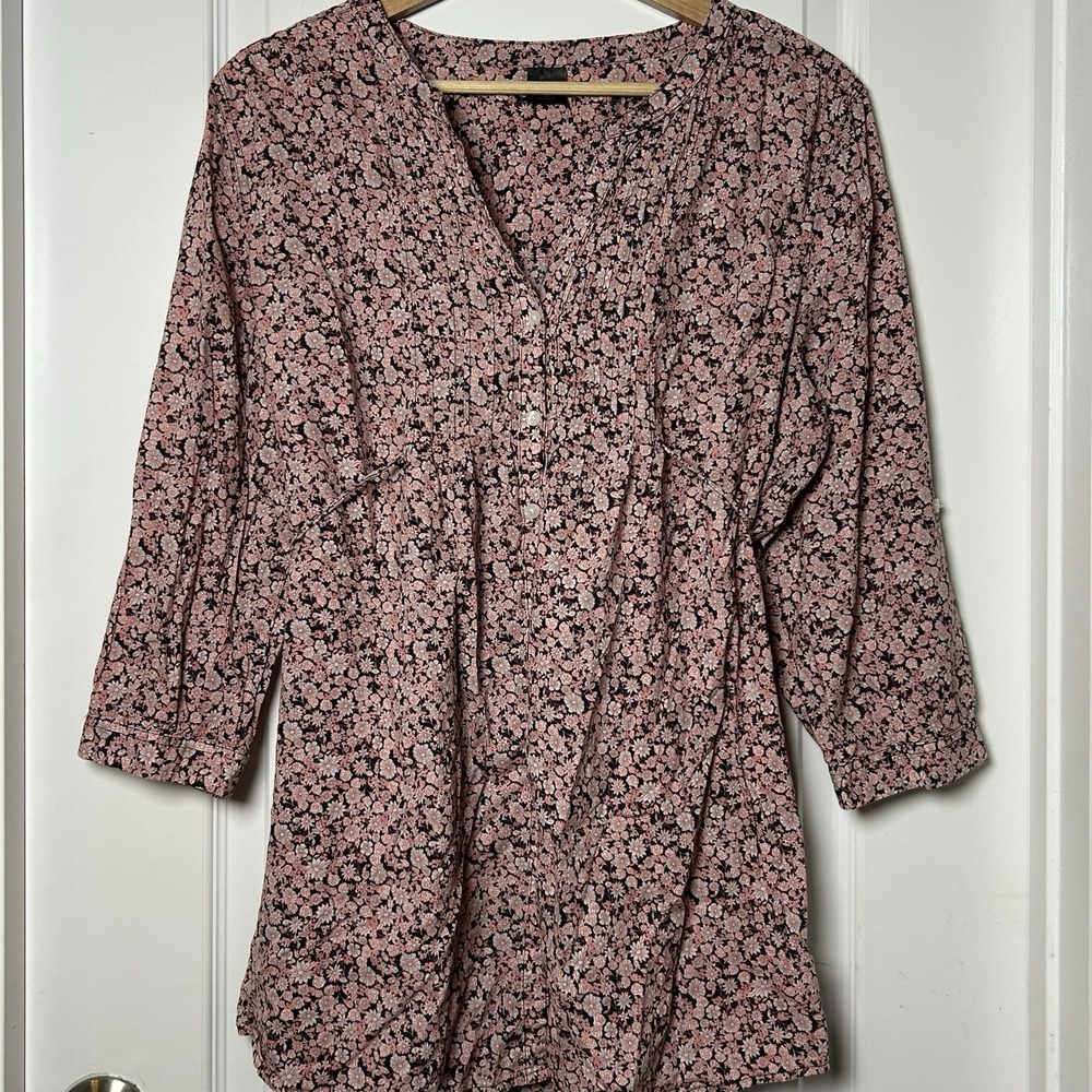 Massini Black Pink Ditsy Floral Button Roll Tab Sleeves Tunic Blouse Boho Style